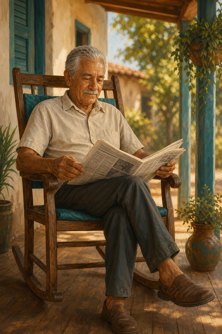 Senhor folheando o jornal na cadeira de balanço